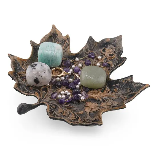 Decoratiune / Suport pentru cristale, model frunza de artar cu detalii florale antichizata manual - 15cm, imagine 2