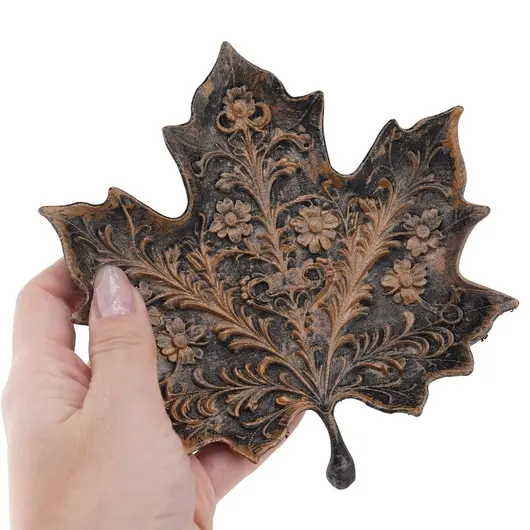 Decoratiune / Suport pentru cristale, model frunza de artar cu detalii florale antichizata manual - 15cm, imagine 3