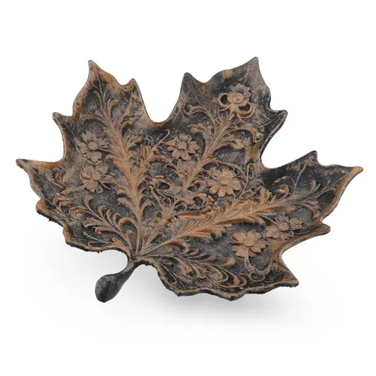 Decoratiune / Suport pentru cristale, model frunza de artar cu detalii florale antichizata manual - 15cm