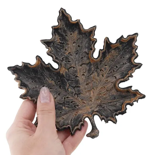 Decoratiune / Suport pentru cristale, model frunza de artar cu detalii texturate antichizata manual - 15cm, imagine 3