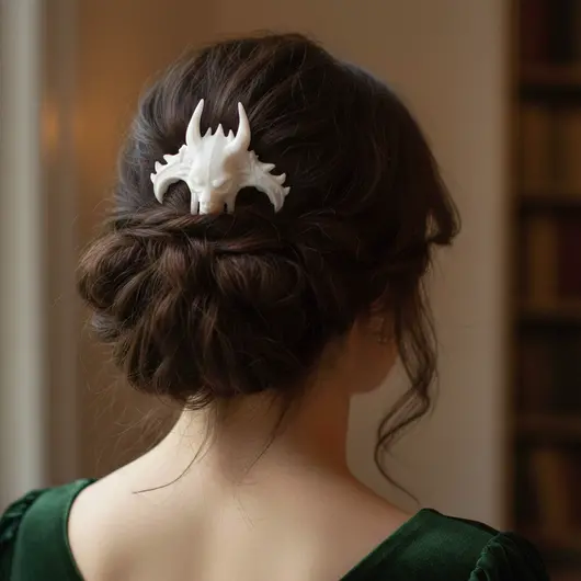 Accesoriu ac de par model craniu de cratura cu coarne, 11cm - alb, imagine 3