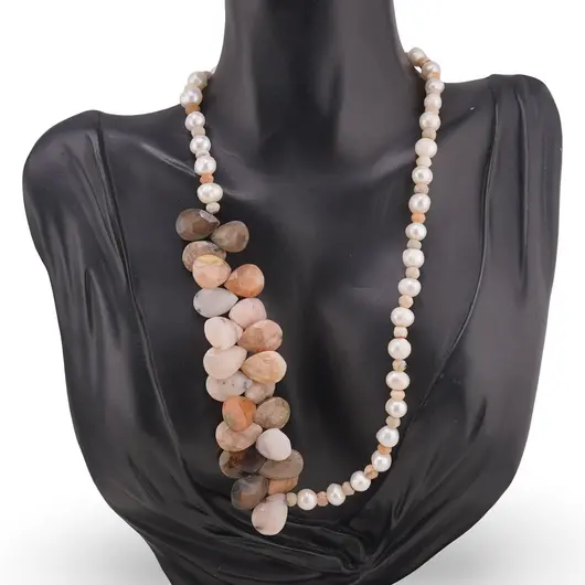 Colier Perle de cultura A+ si Opal roz fatetat manual asimetric cu argint 925, imagine 2