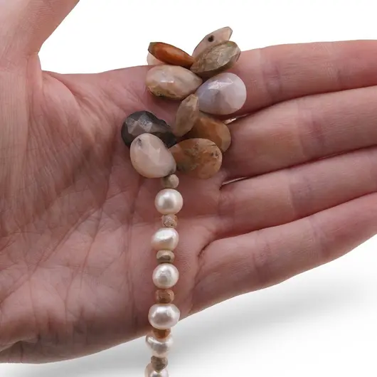 Colier Perle de cultura A+ si Opal roz fatetat manual asimetric cu argint 925, imagine 3