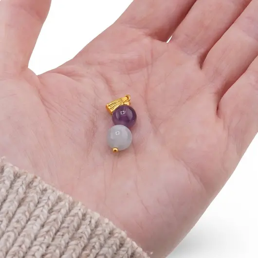 Pandantiv Acvamarin si Ametist sfere 8mm cu metal auriu, imagine 3