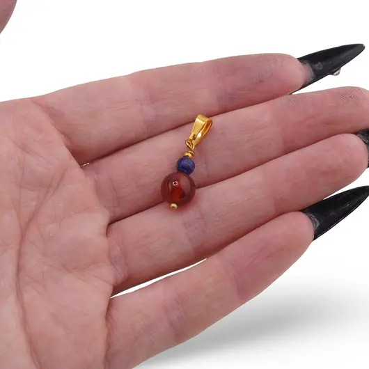 Pandantiv Carneol sfera 8mm si Lapis lazuli sfera 4mm cu metal auriu, imagine 3