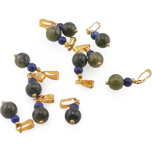 Pandantiv Jad nefrit sfera 8mm si Lapis lazuli sfera 4mm cu metal auriu, imagine 2