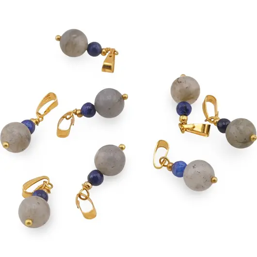 Pandantiv Labradorit sfera 8mm si Lapis lazuli sfera 4mm cu metal auriu, imagine 2