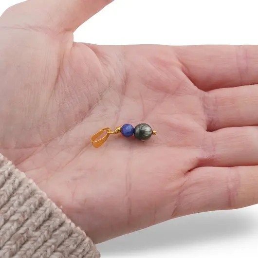 Pandantiv Serafinit sfera 6mm si Lapis lazuli sfera 4mm cu metal auriu, imagine 3