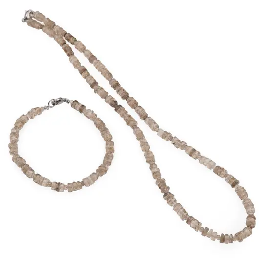 Set colier si bratara Cuart fumuriu rondele 5mm si discuri fatetate 3mm