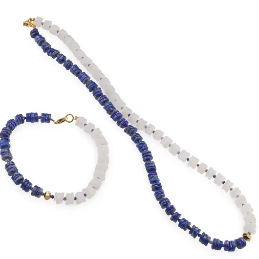 Set colier si bratara Lapis Lazuli si Piatra lunii rondele 7mm, Lapis lazuli sfere fatetate 2mm si Hematit auriu