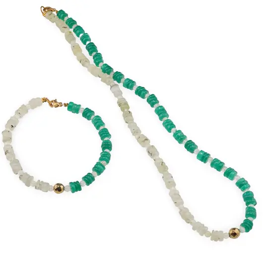 Set colier si bratara Prehnit si onix verde rondele 6mm, Prehnit sfere 4mm si Hematit auriu