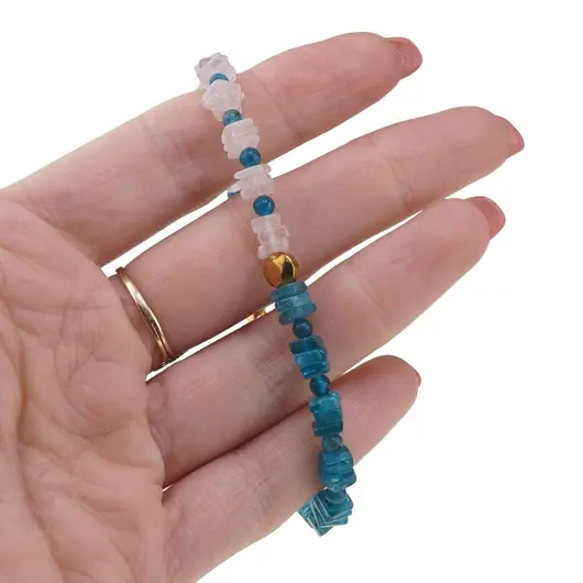 Bratara Apatit cu Cuart roz patratele 5mm, Apatit sfere 3mm si Hematit auriu, imagine 3