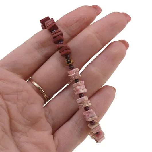 Bratara Jasp rosu si Rodocrozit patratele 6mm, Granat sfere 3mm si Hematit auriu, imagine 3