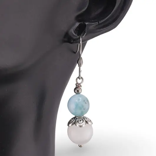 Cercei cu agatatoare Larimar si Selenit sfere cu element floare, 8-10mm, imagine 2