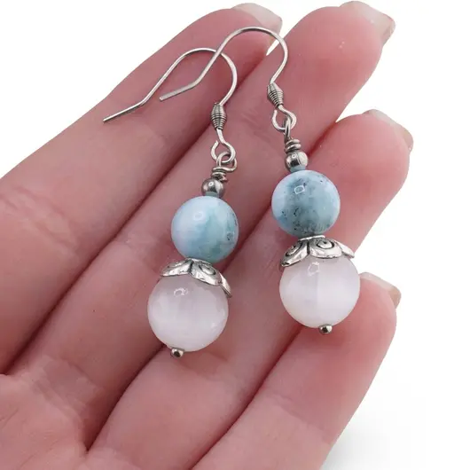 Cercei cu agatatoare Larimar si Selenit sfere cu element floare, 8-10mm, imagine 3