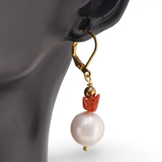 Cercei cu agatatoare Perle de cultura sfere neuniforme 10-15mm si Coral rosu 5-7mm, imagine 2