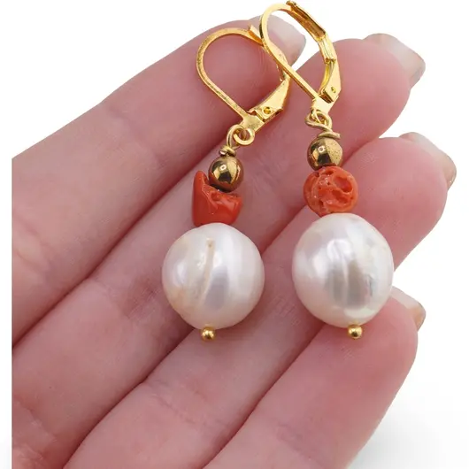 Cercei cu agatatoare Perle de cultura sfere neuniforme 10-15mm si Coral rosu 5-7mm, imagine 3