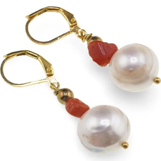 Cercei cu agatatoare Perle de cultura sfere neuniforme 10-15mm si Coral rosu 5-7mm