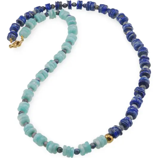 Colier Amazonit si Lapis Lazuli rondele 7mm, Lapis Lazuli sfere 4mm si Hematit auriu