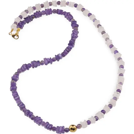 Colier Ametist si Cuart roz patratele 5mm, Ametist sfere 4mm si Hematit auriu