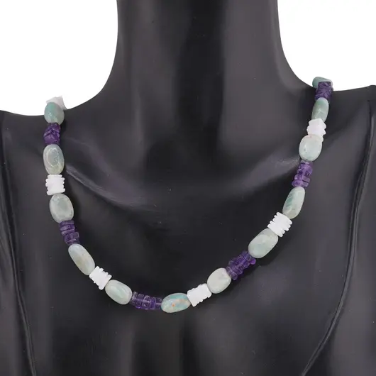 Colier Ametist si Opal alb patratele 5mm, Amazonit neregulat 10mm, imagine 2