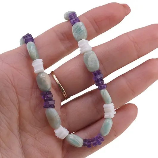 Colier Ametist si Opal alb patratele 5mm, Amazonit neregulat 10mm, imagine 3