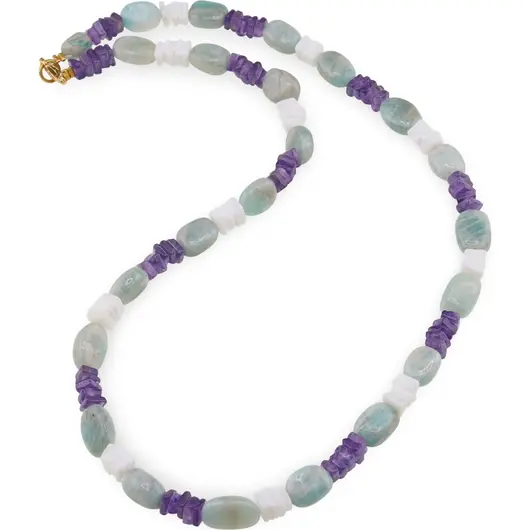 Colier Ametist si Opal alb patratele 5mm, Amazonit neregulat 10mm