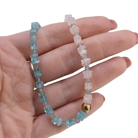 Colier Cuart roz si Acvamarin patratele 5mm, Acvamarin sfere 3mm si Hematit auriu, imagine 3