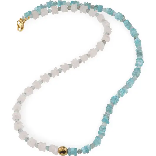 Colier Cuart roz si Apatit patratele 5mm, Acvamarin sfere 3mm si Hematit auriu