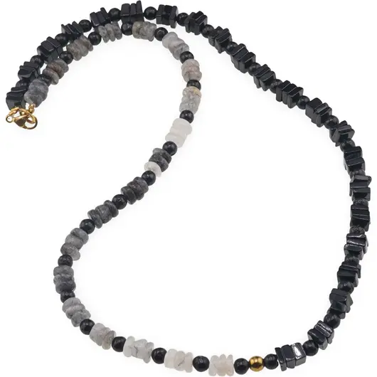 Colier Cuart turmalinat rondele 5mm, Turmalina patratele 5mm si sfere 4mm, Hematit auriu