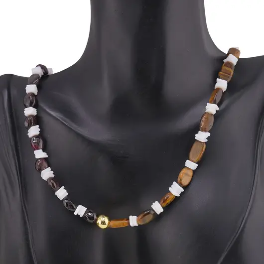 Colier Granat si Ochi de tigru neregulat 8-10mm, Opal alb patratele 5mm si Hematit auriu, imagine 2