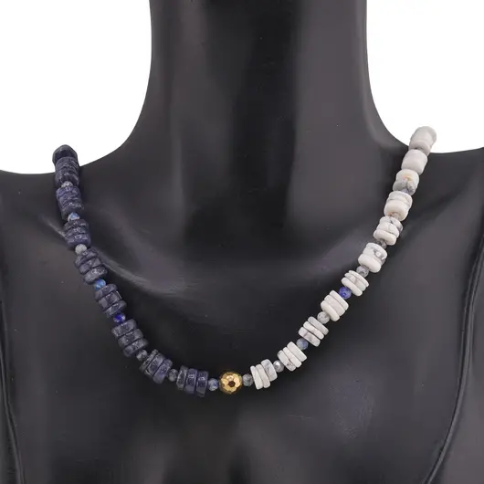 Colier Howlit si Sodalit rondele 6-7mm, Lapis Lazuli sfere fatetate 3mm si Howlit auriu, imagine 2