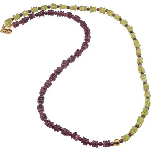 Colier Peridot patratele 5mm, Granat rhodolit rondele 5mm si sfere 3mm, Hematit auriu
