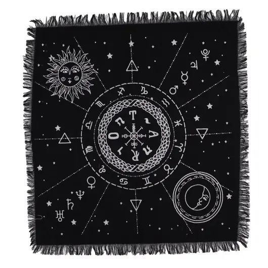 Fata de masa pentru Tarot din bumbac cu franjuri, Viata Moarte Renastere - 50cm x 50cm