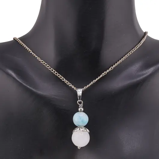 Pandantiv Larimar si Selenit sfere cu element floare, 8-10mm, imagine 2