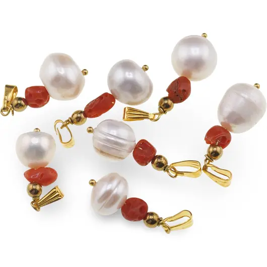 Pandantiv Perle de cultura sfere neuniforme 10-15mm si Coral rosu 5-7mm, imagine 2