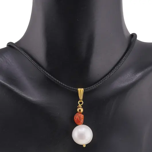 Pandantiv Perle de cultura sfere neuniforme 10-15mm si Coral rosu 5-7mm, imagine 3