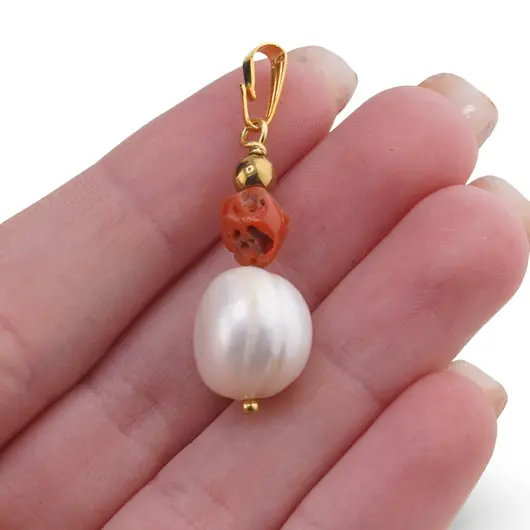 Pandantiv Perle de cultura sfere neuniforme 10-15mm si Coral rosu 5-7mm, imagine 4