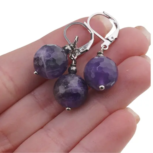 Set cercei si pandantiv Ametist sfere fatetate, 12mm, imagine 3
