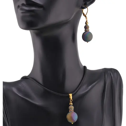 Set cercei si pandantiv Cuart Titan Aura sfere 6-15mm cu element auriu, imagine 2