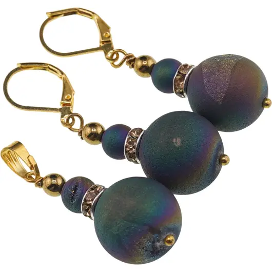 Set cercei si pandantiv Cuart Titan Aura sfere 6-15mm cu element auriu