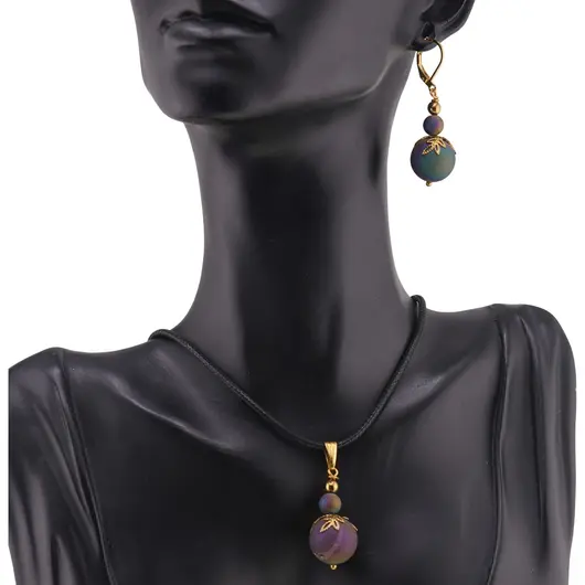 Set cercei si pandantiv Cuart Titan Aura sfere 6-15mm cu flori aurii, imagine 2