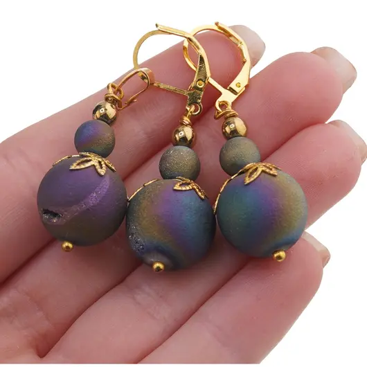 Set cercei si pandantiv Cuart Titan Aura sfere 6-15mm cu flori aurii, imagine 3