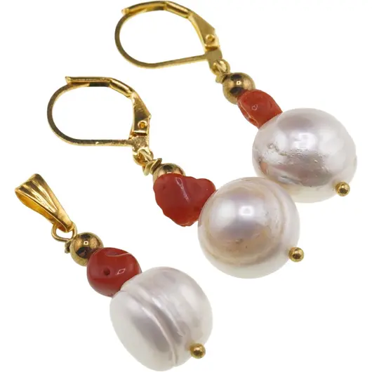 Set cercei si pandantiv Perle de cultura sfere neuniforme 10-15mm si Coral rosu 5-7mm