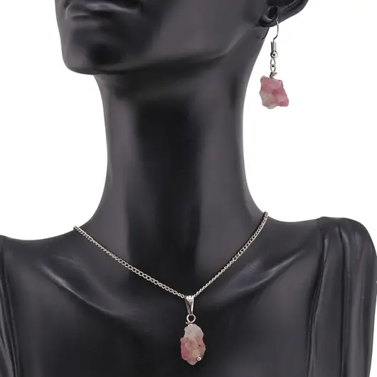 Set cercei si pandantiv Turmalina roz bruta, 12-16mm, imagine 2