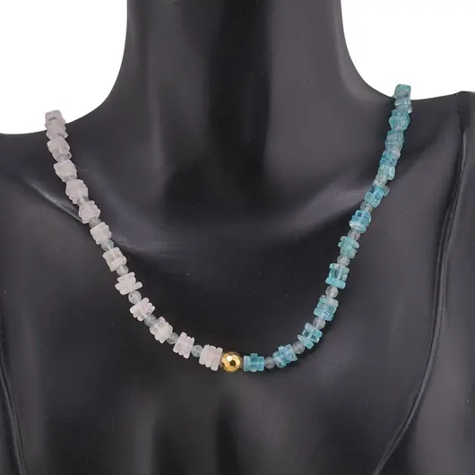 Set colier si bratara Cuart roz si Acvamarin patratele 5mm, Acvamarin sfere 3mm si Hematit auriu, imagine 3