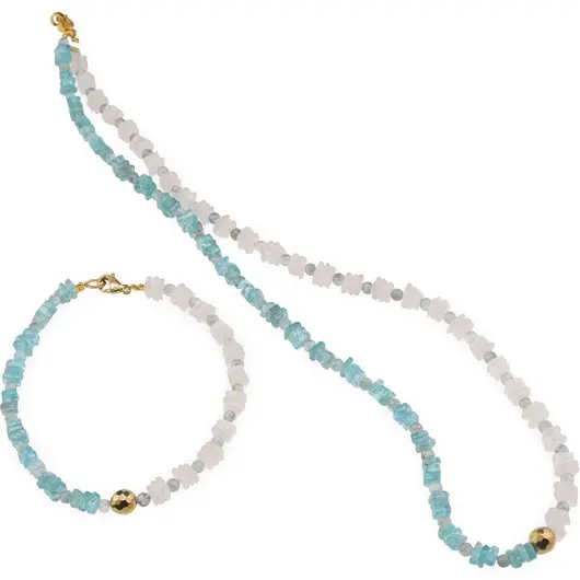 Set colier si bratara Cuart roz si Acvamarin patratele 5mm, Acvamarin sfere 3mm si Hematit auriu