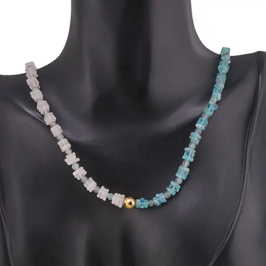 Set colier si bratara Cuart roz si Apatit patratele 5mm, Acvamarin sfere 3mm si Hematit auriu, imagine 3