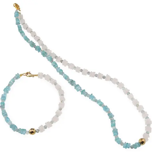 Set colier si bratara Cuart roz si Apatit patratele 5mm, Acvamarin sfere 3mm si Hematit auriu