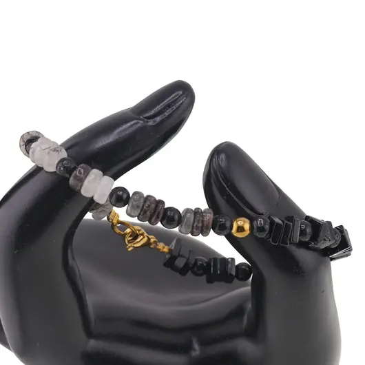 Set colier si bratara Cuart turmalinat rondele 5mm, Turmalina patratele 5mm si sfere 4mm, Hematit auriu, imagine 2